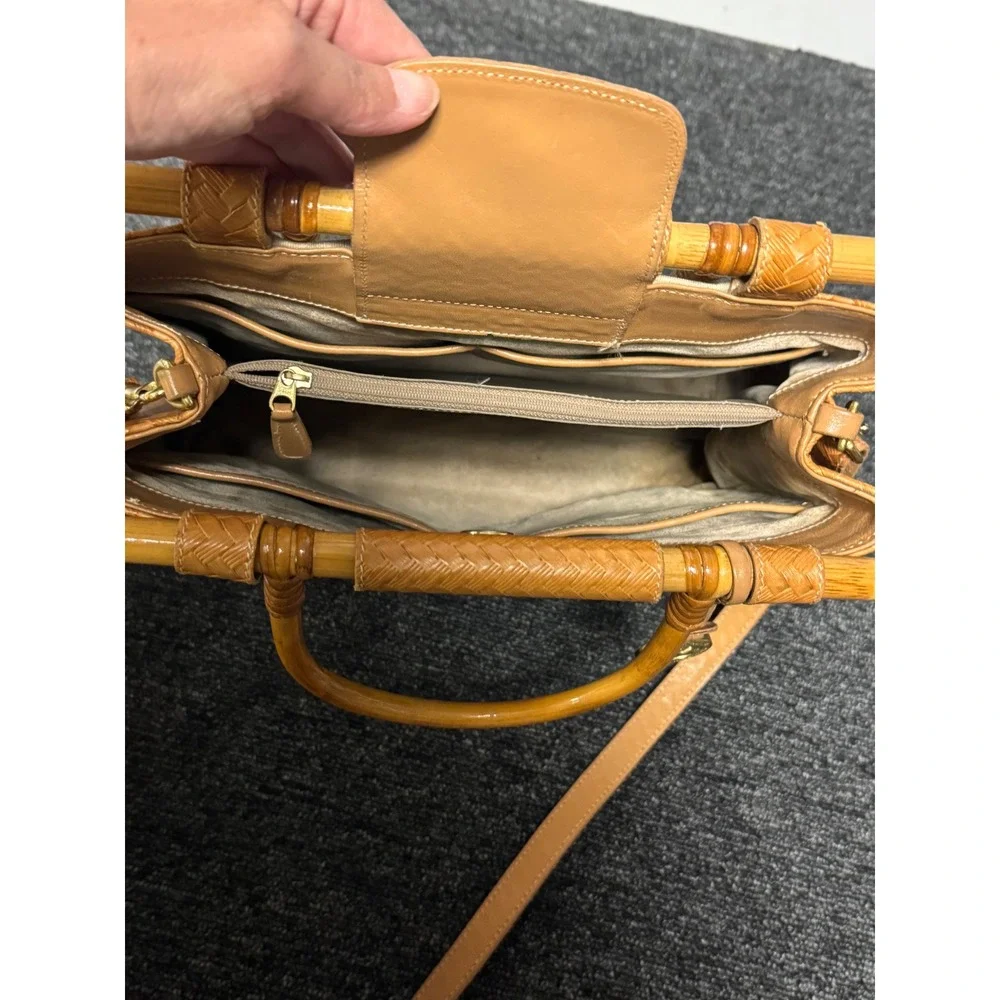 Brahmin Vintage Palm Tree Bamboo Handle Woven Leather Satchel Shoulder Bag Brown